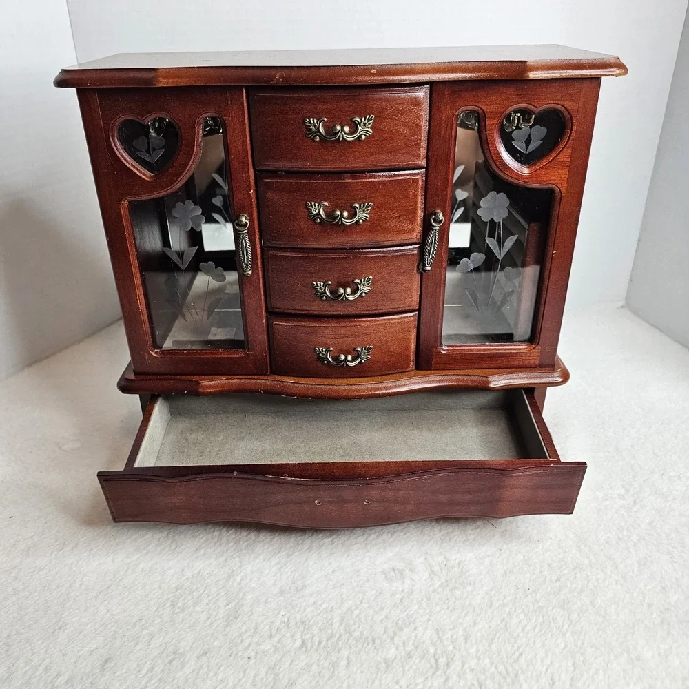 Wood Jewelry Box Chest w/ Mirror, Velvet Lined, Ring Holder, Heart, Brown